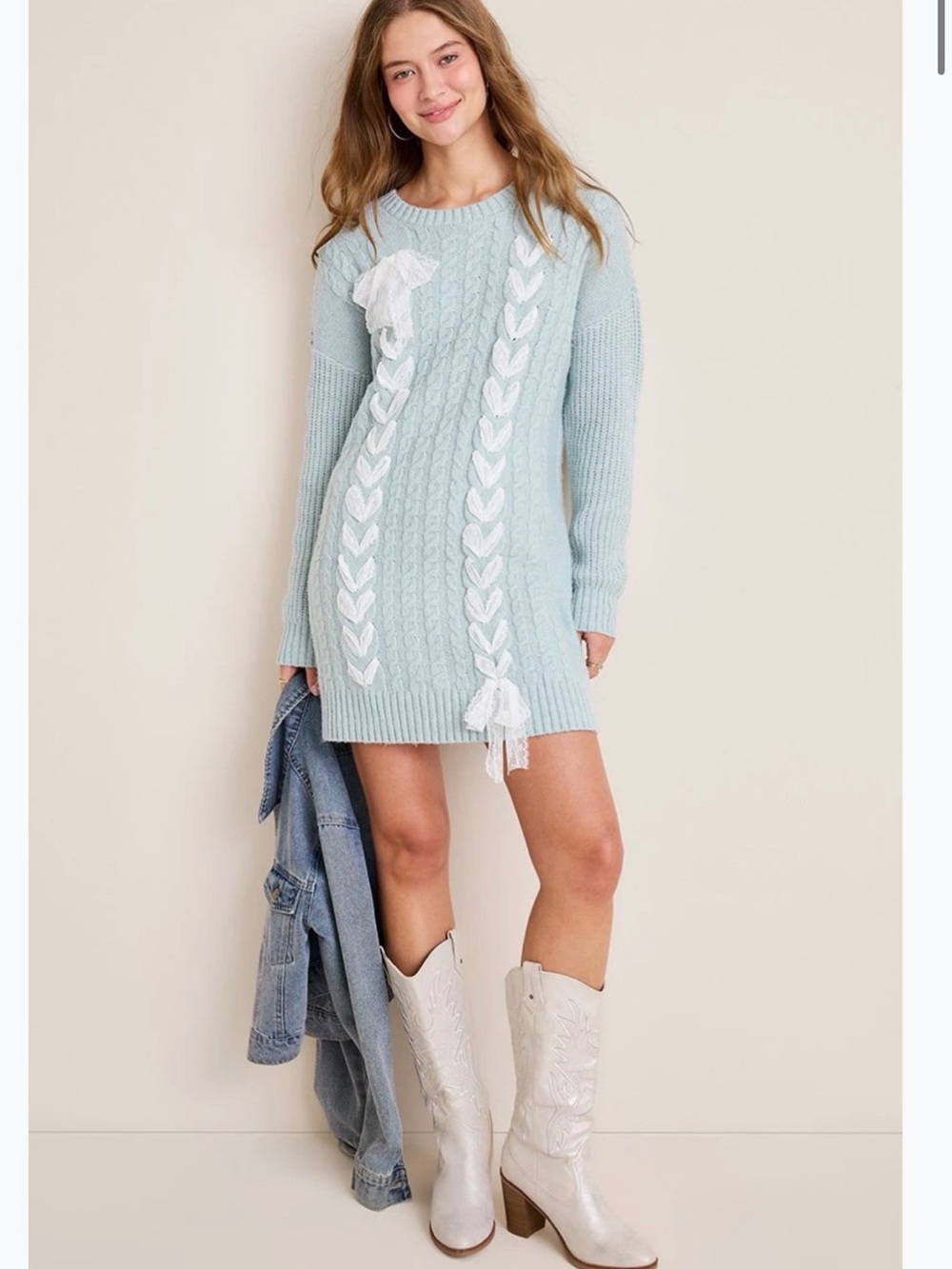 Light Blue Cable Knit Sweater Dress with Lace Details